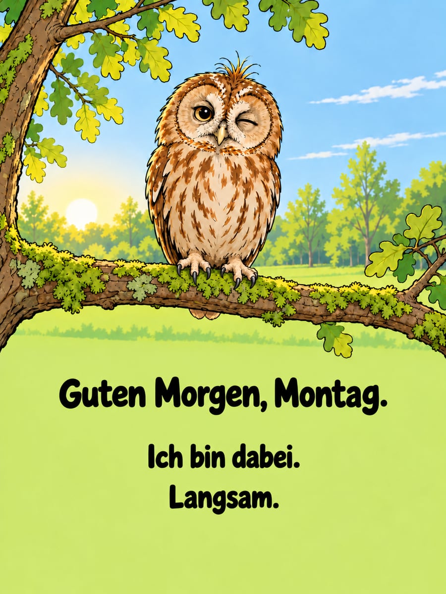 Guten-Morgen-Bild zum Montag mit dem Text „Guten Morgen, Montag.“ und „Ich bin dabei. Langsam.“ – Motiv: Waldkauz, Eule, Eichenast, Morgenmuffel