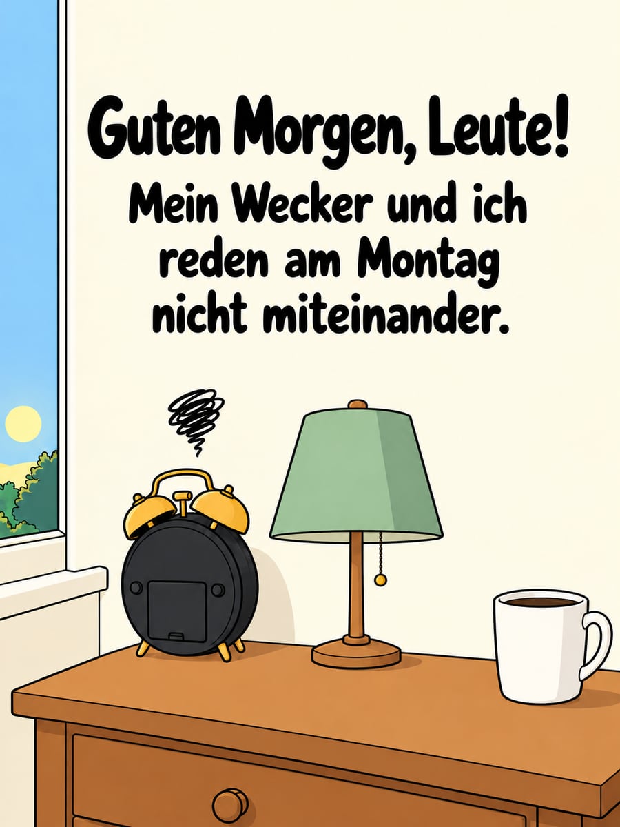 Guten-Morgen-Bild zum Montag mit dem Text „Guten Morgen, Leute!“ und „Mein Wecker und ich reden am Montag nicht miteinander.“ – Motiv: Wecker, Montag, Kaffeebecher, Schmollen