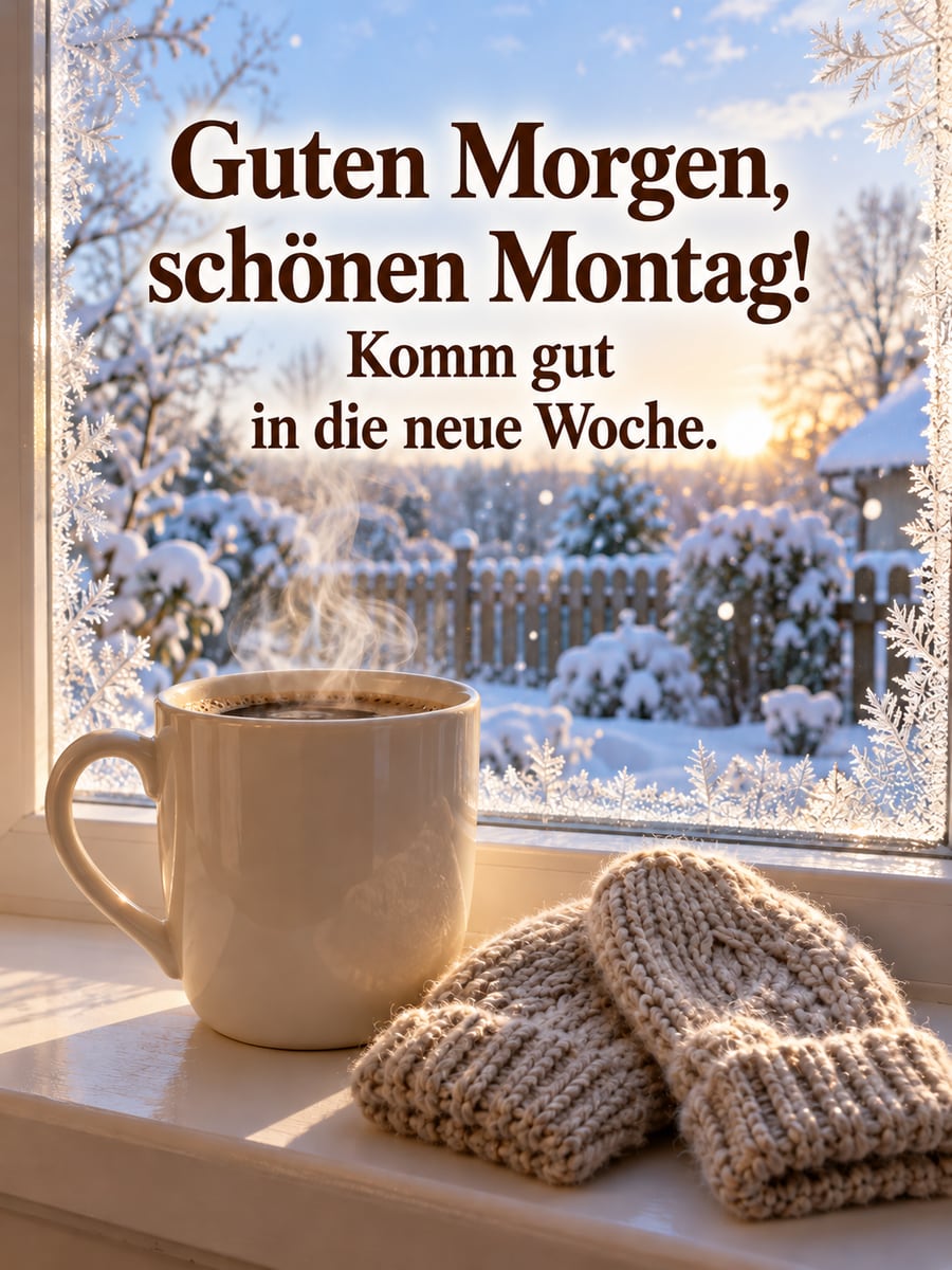 Guten-Morgen-Bild zum Montag mit dem Text „Guten Morgen, schönen Montag!“ und „Komm gut in die neue Woche.“ – Motiv: Kaffee, Winter, Eisblumen, Fäustlinge, Schnee