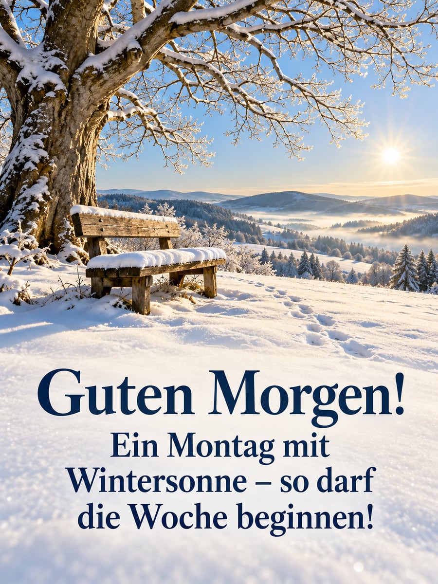 Guten-Morgen-Bild zum Montag mit dem Text „Guten Morgen!“ und „Ein Montag mit Wintersonne – so darf die Woche beginnen!“ – Motiv: Wintersonne, Mittelgebirge, Bank, Buche, Schnee