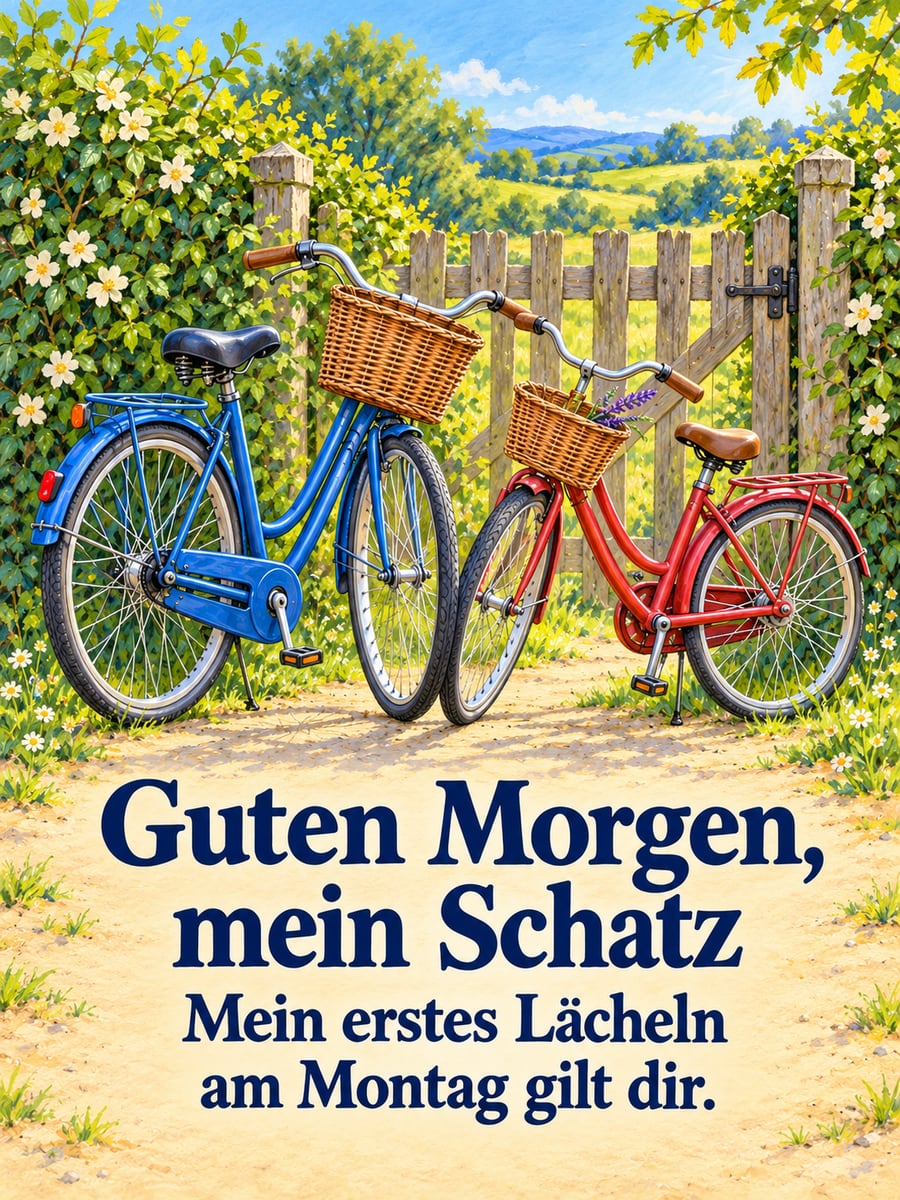 Guten-Morgen-Bild zum Montag mit dem Text „Guten Morgen, mein Schatz“ und „Mein erstes Lächeln am Montag gilt dir.“ – Motiv: Fahrräder, Gartentor, Hecke, Lavendel