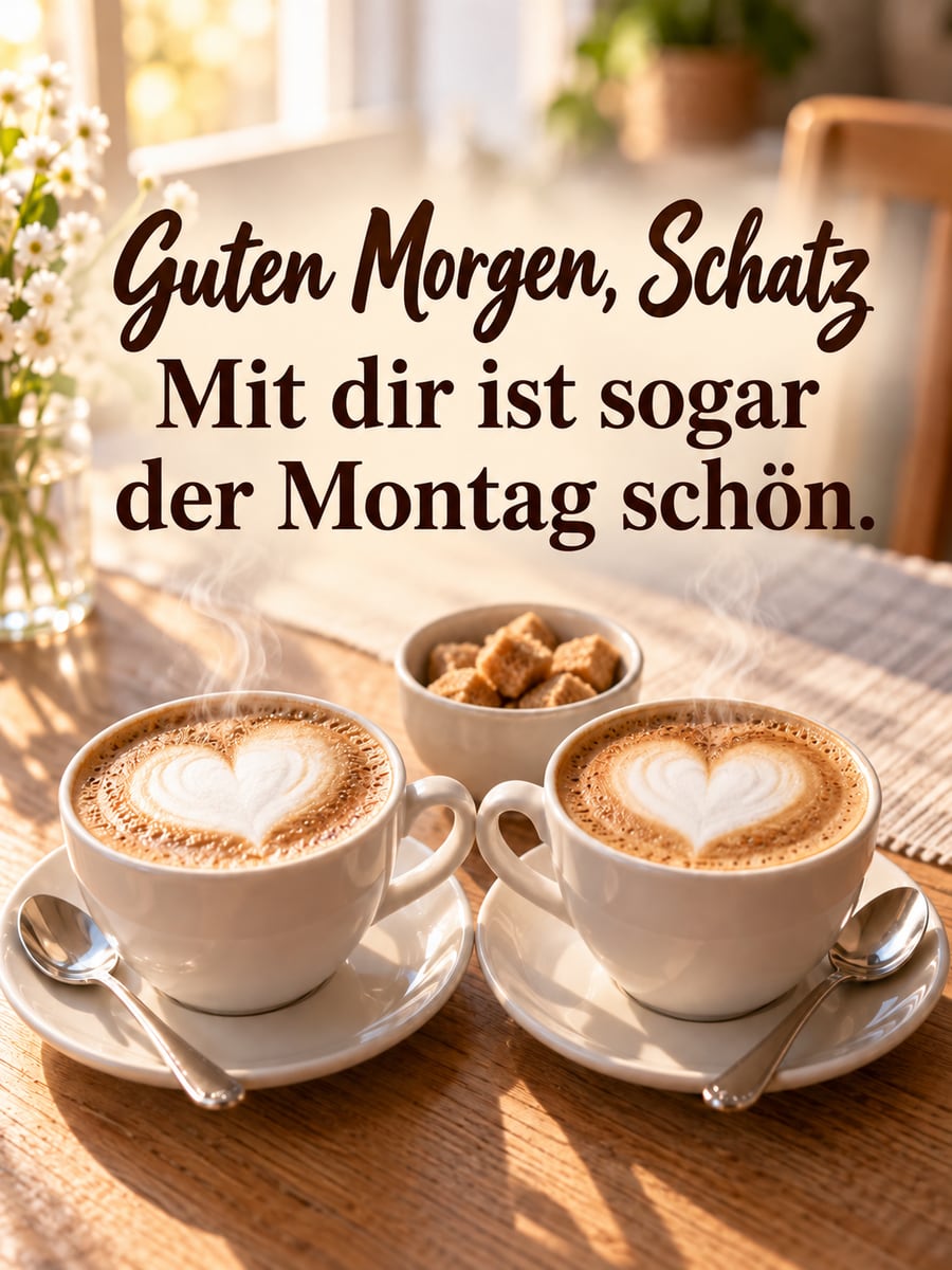 Guten-Morgen-Bild zum Montag mit dem Text „Guten Morgen, Schatz“ und „Mit dir ist sogar der Montag schön.“ – Motiv: Cappuccino, Milchschaumherz, Zwei Tassen, Liebe