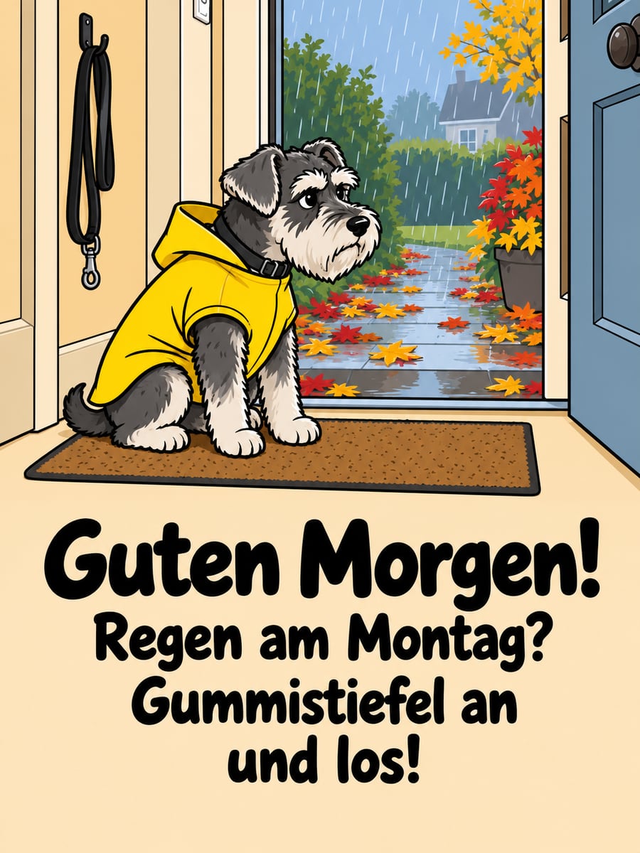 Guten-Morgen-Bild zum Montag mit dem Text „Guten Morgen!“ und „Regen am Montag? Gummistiefel an und los!“ – Motiv: Zwergschnauzer, Regenmantel, Regen, Herbstlaub