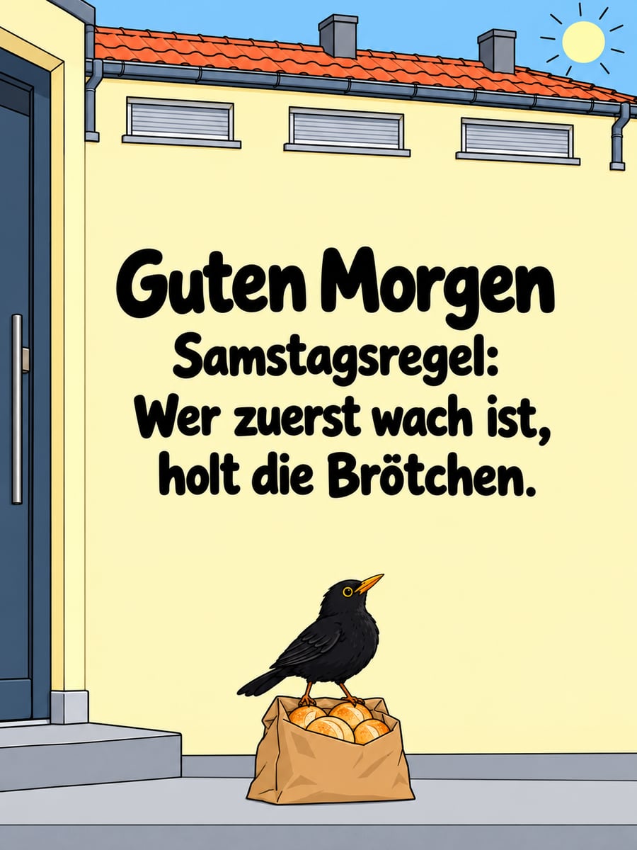 Guten-Morgen-Bild zum Samstag mit dem Text „Guten Morgen“ und „Samstagsregel: Wer zuerst wach ist, holt die Brötchen.“ – Motiv: Amsel, Brötchentüte, Rollläden, Samstagsregel