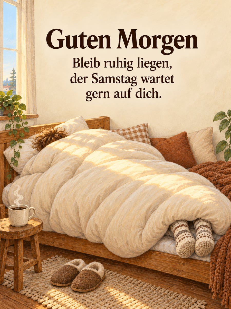 Guten-Morgen-Bild zum Samstag mit dem Text „Guten Morgen“ und „Bleib ruhig liegen, der Samstag wartet gern auf dich.“ – Motiv: Bettdecke, Ausschlafen, Hausschuhe, Kaffee, Samstag