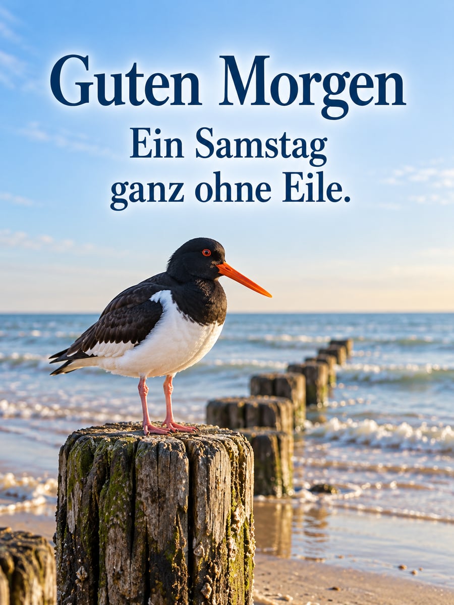 Guten-Morgen-Bild zum Samstag mit dem Text „Guten Morgen“ und „Ein Samstag ganz ohne Eile.“ – Motiv: Austernfischer, Buhne, Strand, Nordsee, Morgennebel