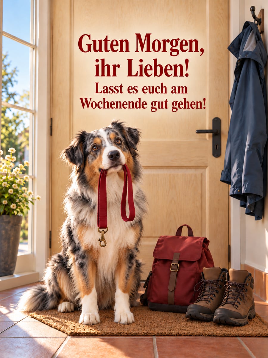 Guten-Morgen-Bild zum Samstag mit dem Text „Guten Morgen, ihr Lieben!“ und „Lasst es euch am Wochenende gut gehen!“ – Motiv: Hund, Australian Shepherd, Leine, Haustür, Ausflug