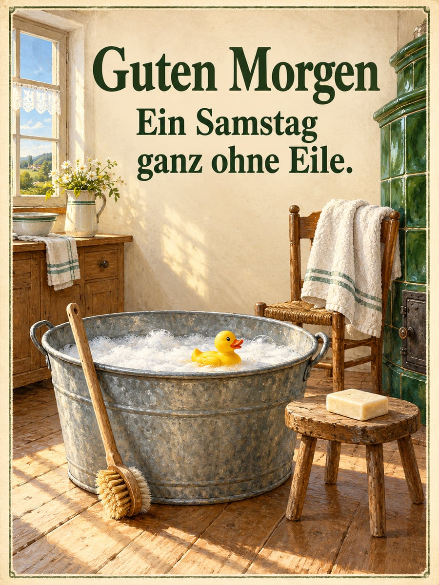 Guten-Morgen-Bild zum Samstag mit dem Text „Guten Morgen“ und „Ein Samstag ganz ohne Eile.“ – Motiv: Badetag, Zinkwanne, Quietscheente, Kachelofen, Nostalgie