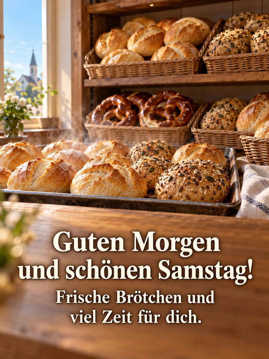 Guten-Morgen-Bild zum Samstag mit dem Text „Guten Morgen und schönen Samstag!“ und „Frische Brötchen und viel Zeit für dich.“ – Motiv: Bäckerei, Brötchen, Brezel, Samstagmorgen