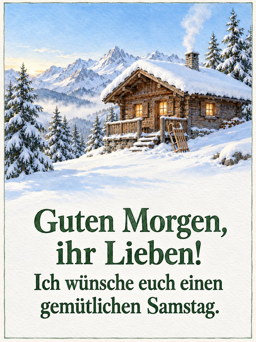 Guten-Morgen-Bild zum Samstag mit dem Text „Guten Morgen, ihr Lieben!“ und „Ich wünsche euch einen gemütlichen Samstag.“ – Motiv: Berghütte, Schnee, Schlitten, Alpen, Winter