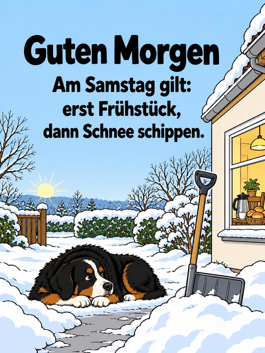Guten-Morgen-Bild zum Samstag mit dem Text „Guten Morgen“ und „Am Samstag gilt: erst Frühstück, dann Schnee schippen.“ – Motiv: Berner Sennenhund, Schneeschaufel, Schneeschippen, Frühstück, Winter