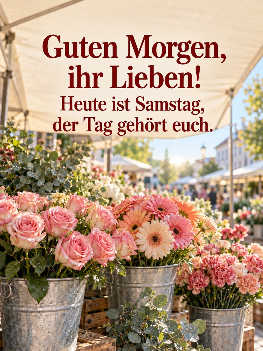 Guten-Morgen-Bild zum Samstag mit dem Text „Guten Morgen, ihr Lieben!“ und „Heute ist Samstag, der Tag gehört euch.“ – Motiv: Blumenstand, Wochenmarkt, Rosen, Gerbera, Nelken