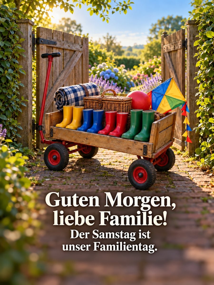 Guten-Morgen-Bild zum Samstag mit dem Text „Guten Morgen, liebe Familie!“ und „Der Samstag ist unser Familientag.“ – Motiv: Bollerwagen, Familienausflug, Picknickdecke, Gummistiefel, Gartentor