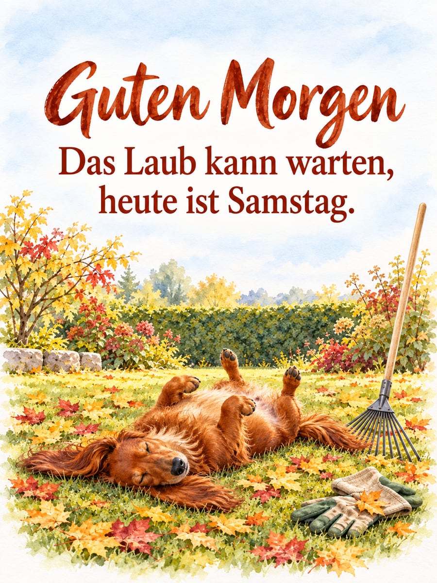 Guten-Morgen-Bild zum Samstag mit dem Text „Guten Morgen“ und „Das Laub kann warten, heute ist Samstag.“ – Motiv: Dackel, Laub, Rechen, Garten, Samstag
