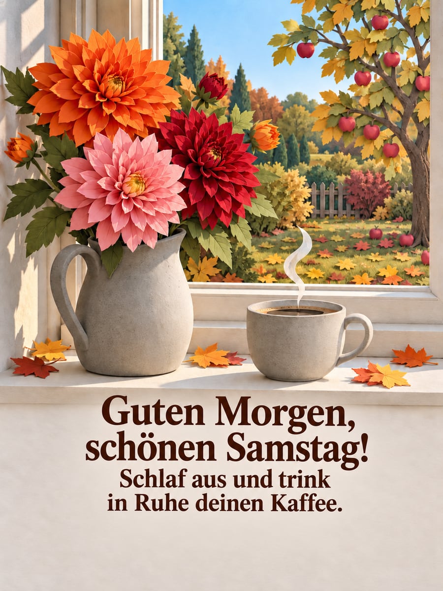 Guten-Morgen-Bild zum Samstag mit dem Text „Guten Morgen, schönen Samstag!“ und „Schlaf aus und trink in Ruhe deinen Kaffee.“ – Motiv: Dahlien, Steinzeugkrug, Kaffee, Fensterbank, Herbstgarten