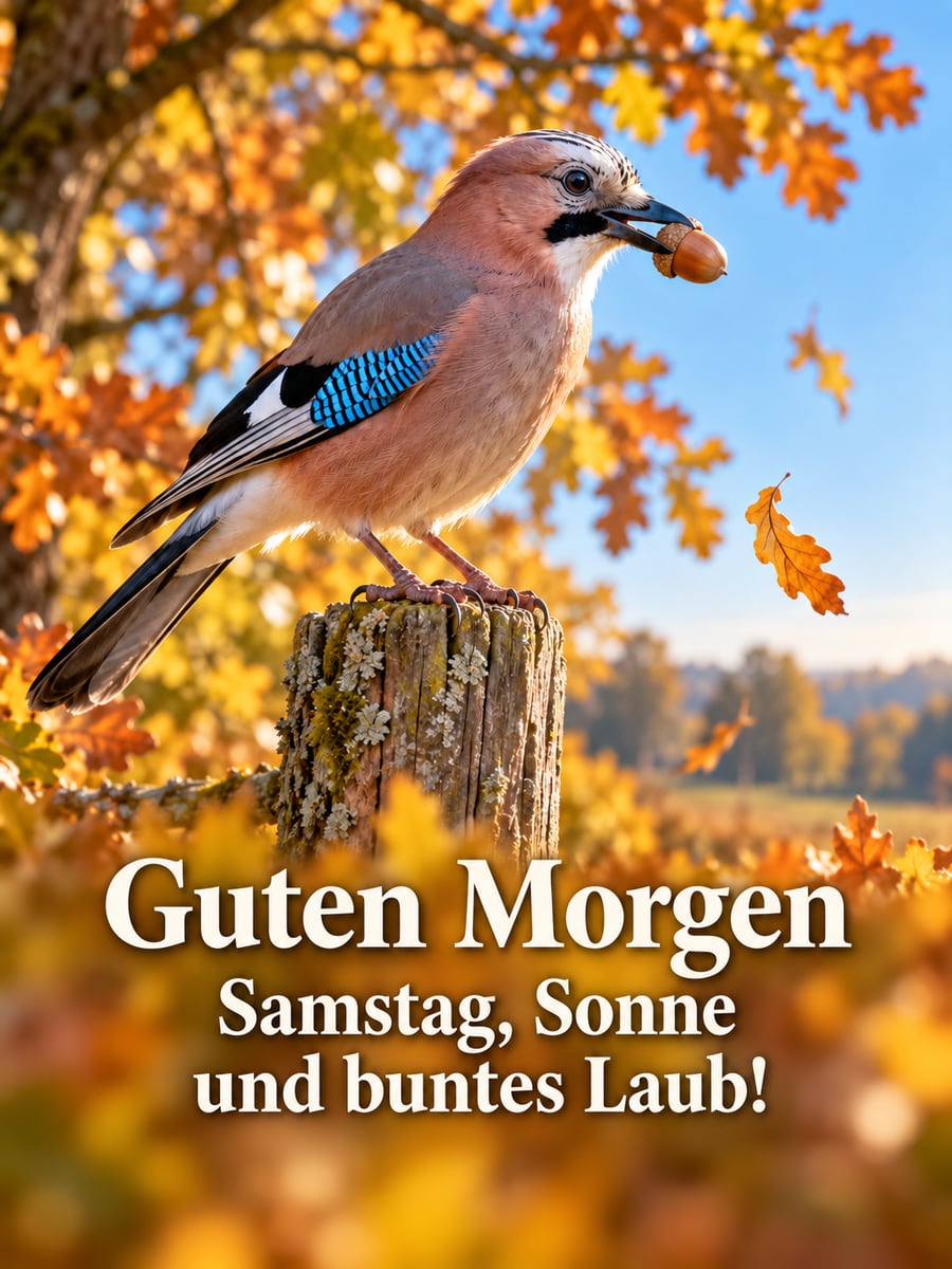 Guten-Morgen-Bild zum Samstag mit dem Text „Guten Morgen“ und „Samstag, Sonne und buntes Laub!“ – Motiv: Eichelhäher, Eichel, Eiche, Herbstlaub, Sonne