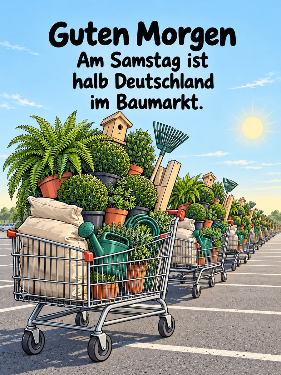 Guten-Morgen-Bild zum Samstag mit dem Text „Guten Morgen“ und „Am Samstag ist halb Deutschland im Baumarkt.“ – Motiv: Baumarkt, Einkaufswagen, Pflanzen, Gartengeräte