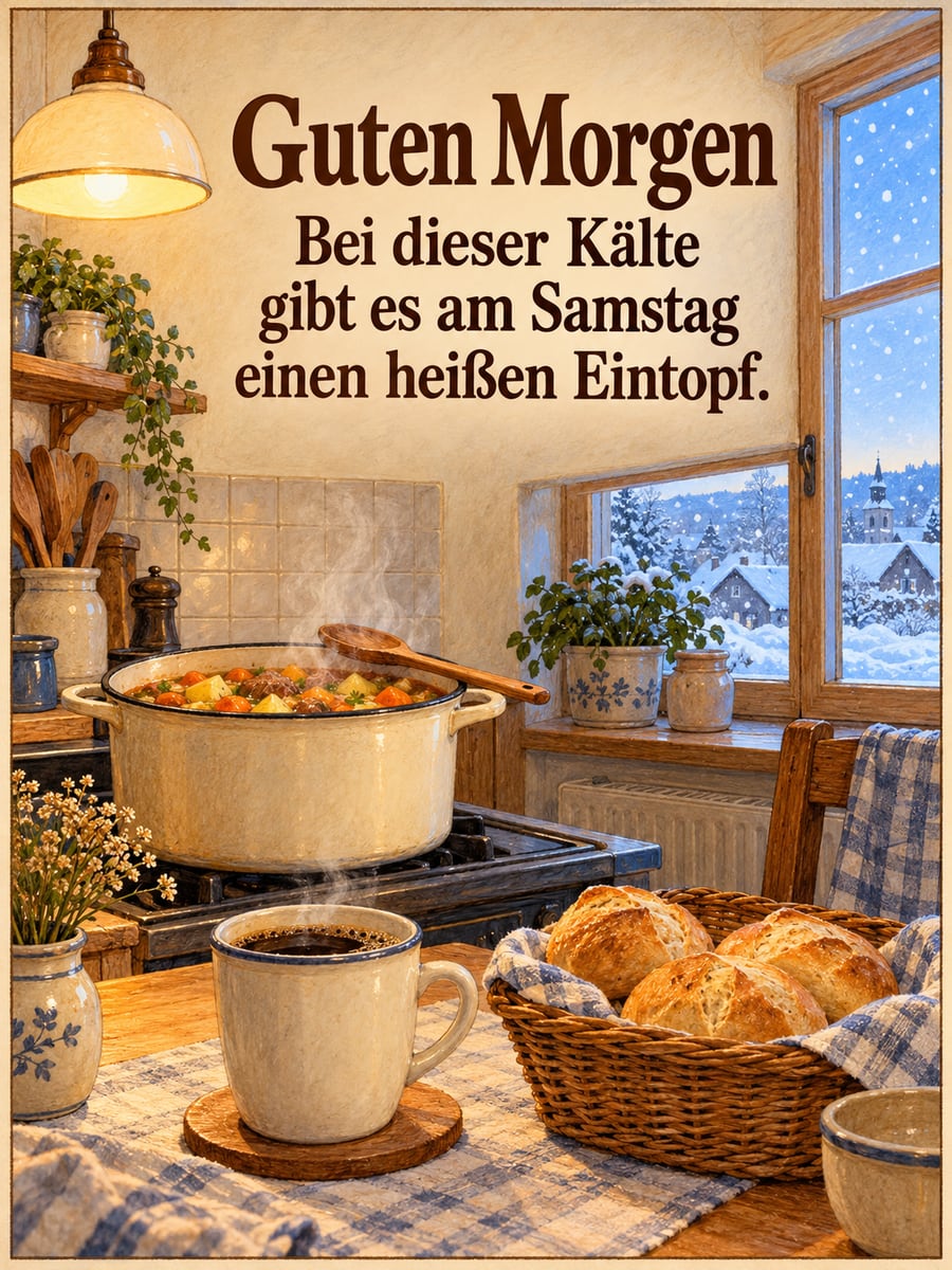 Guten-Morgen-Bild zum Samstag mit dem Text „Guten Morgen“ und „Bei dieser Kälte gibt es am Samstag einen heißen Eintopf.“ – Motiv: Eintopf, Küche, Brötchen, Kaffee, Schnee
