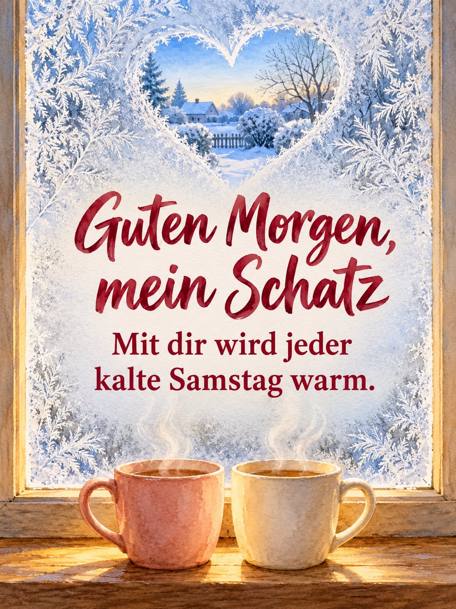 Guten-Morgen-Bild zum Samstag mit dem Text „Guten Morgen, mein Schatz“ und „Mit dir wird jeder kalte Samstag warm.“ – Motiv: Eisblumen, Herz, Fenster, Tee, Winter