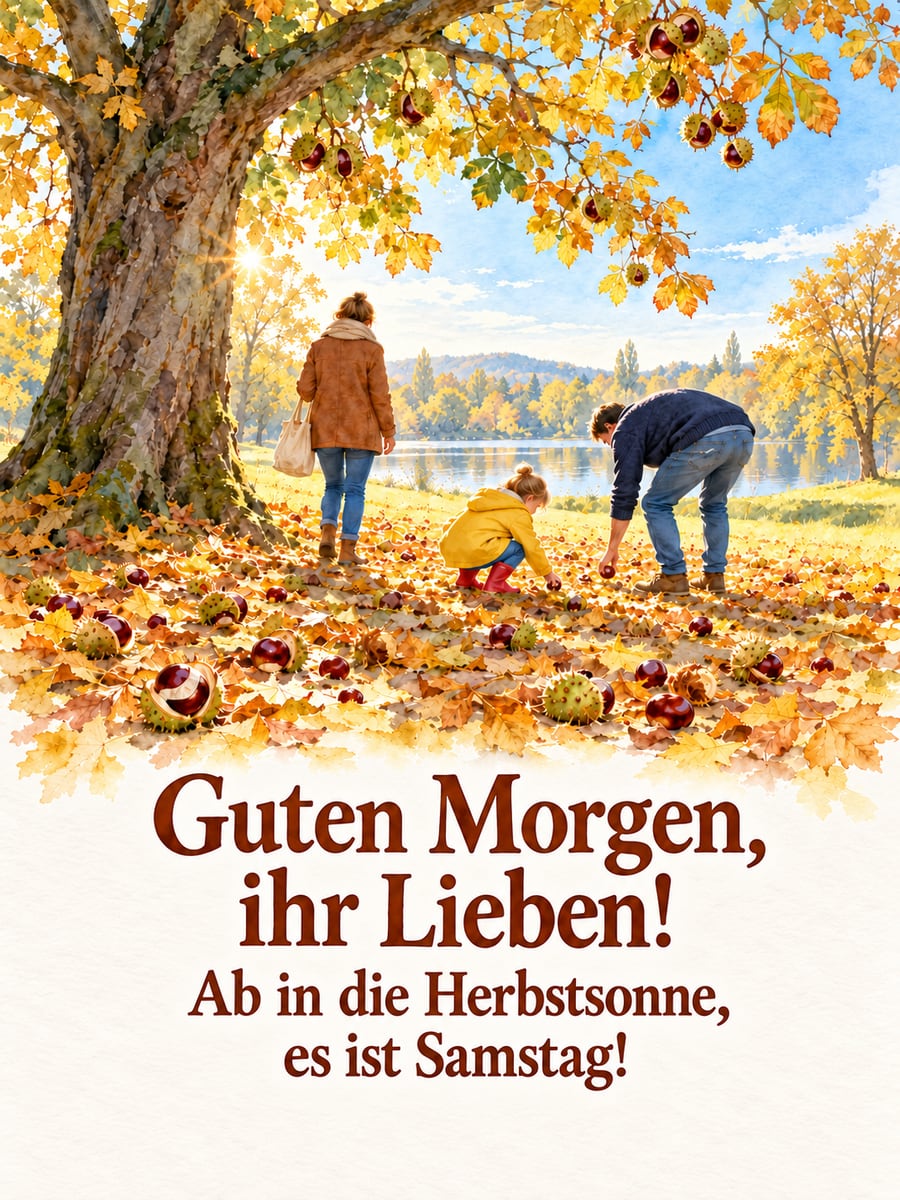 Guten-Morgen-Bild zum Samstag mit dem Text „Guten Morgen, ihr Lieben!“ und „Ab in die Herbstsonne, es ist Samstag!“ – Motiv: Kastanien, Familie, Park, Herbstsonne, Gummistiefel