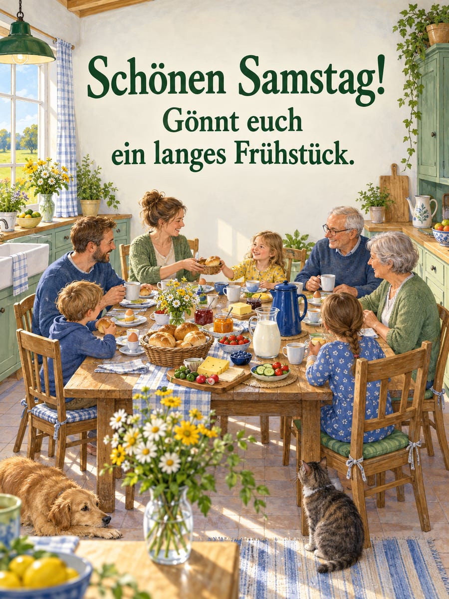 Guten-Morgen-Bild zum Samstag mit dem Text „Schönen Samstag!“ und „Gönnt euch ein langes Frühstück.“ – Motiv: Familienfrühstück, Brötchen, Küche, Familie