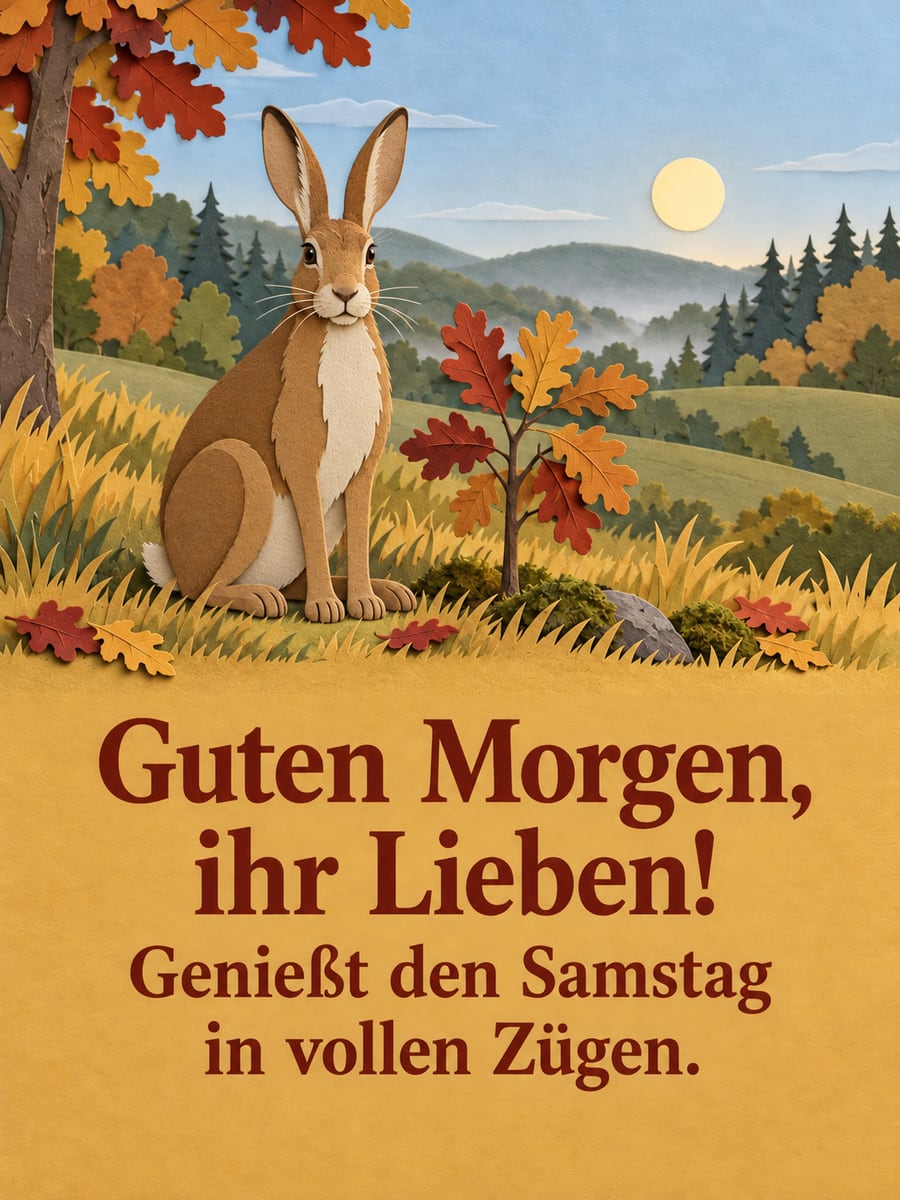 Guten-Morgen-Bild zum Samstag mit dem Text „Guten Morgen, ihr Lieben!“ und „Genießt den Samstag in vollen Zügen.“ – Motiv: Feldhase, Herbstwiese, Eiche, Herbstlaub, Scherenschnitt