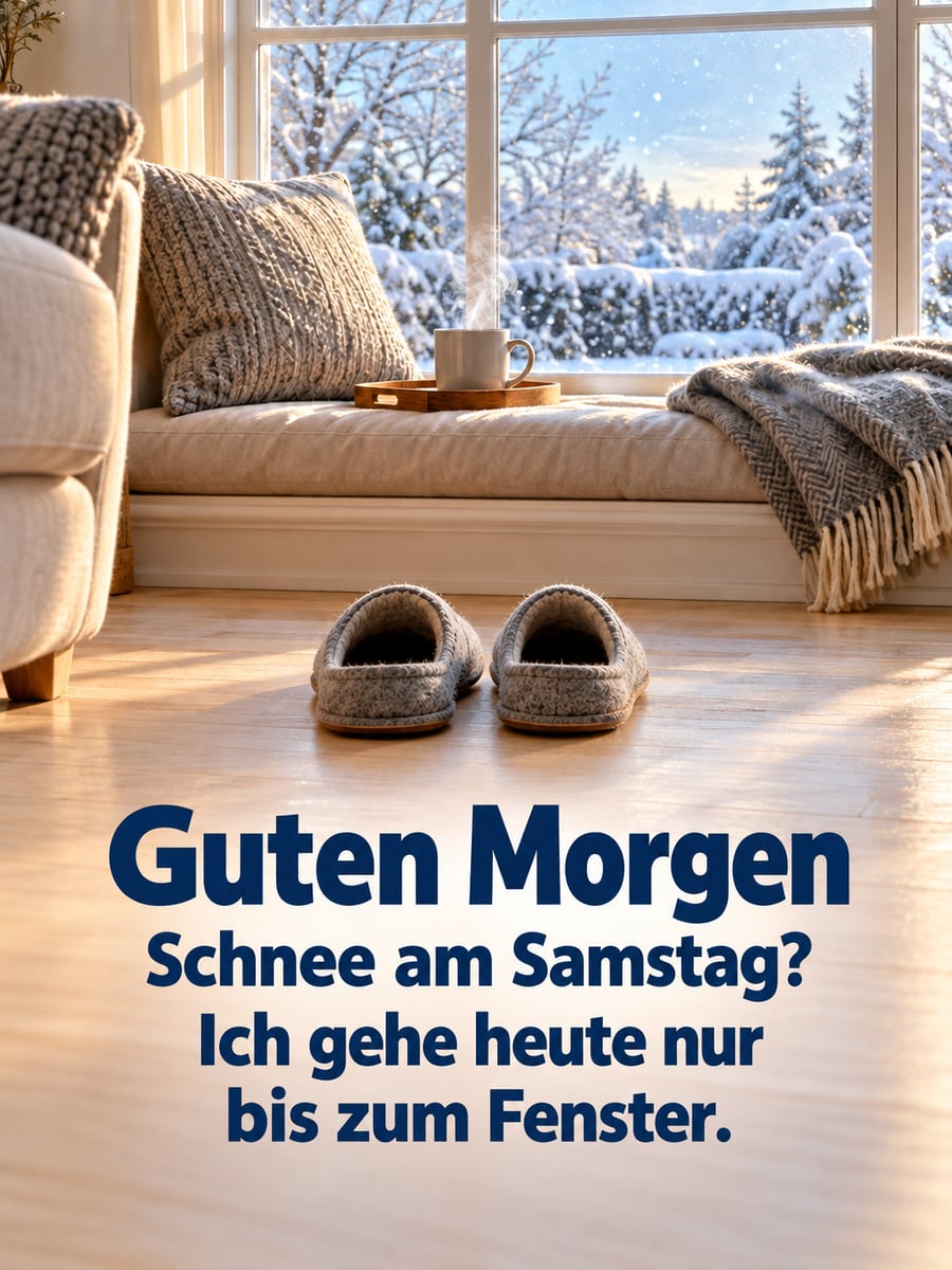 Guten-Morgen-Bild zum Samstag mit dem Text „Guten Morgen“ und „Schnee am Samstag? Ich gehe heute nur bis zum Fenster.“ – Motiv: Filzpantoffeln, Fensterbank, Tee, Schnee