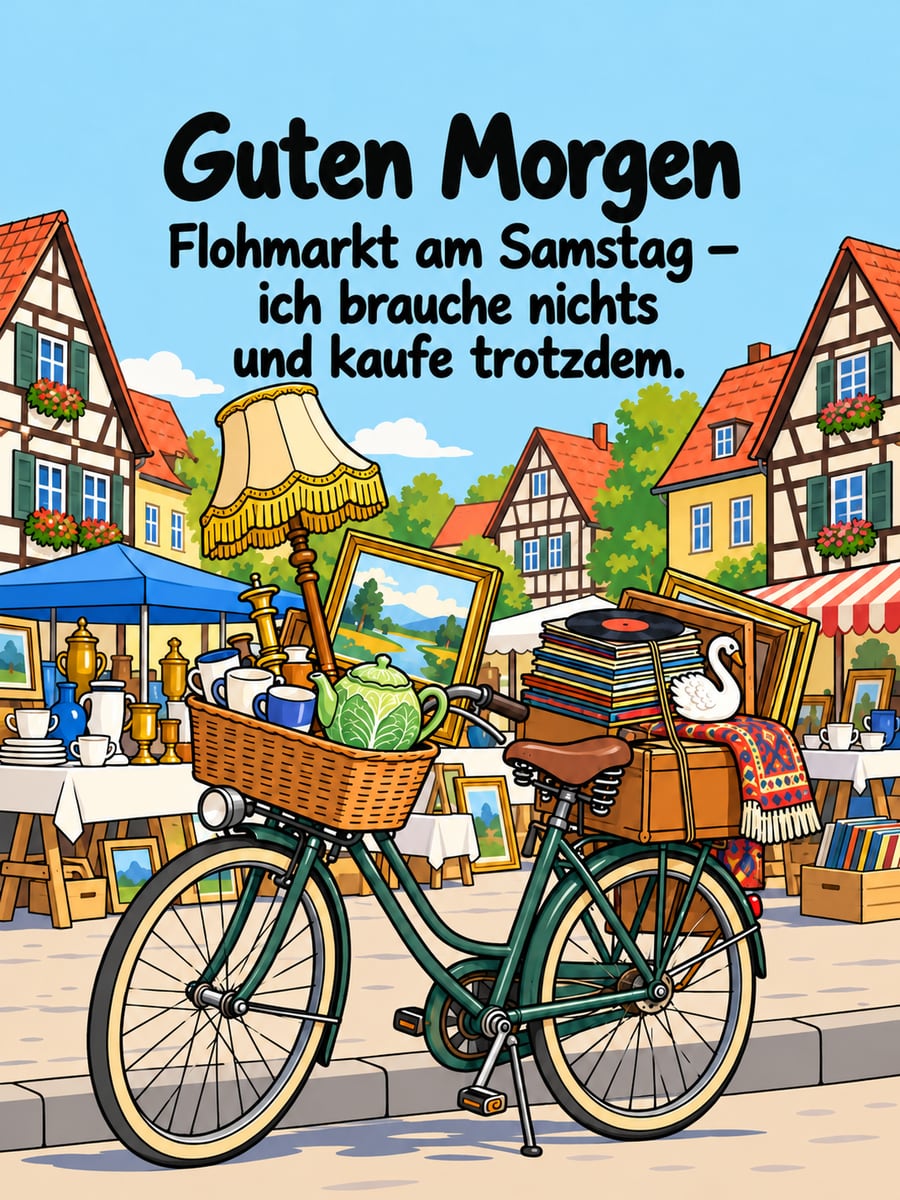 Guten-Morgen-Bild zum Samstag mit dem Text „Guten Morgen“ und „Flohmarkt am Samstag – ich brauche nichts und kaufe trotzdem.“ – Motiv: Flohmarkt, Fahrrad, Fundstücke, Marktplatz