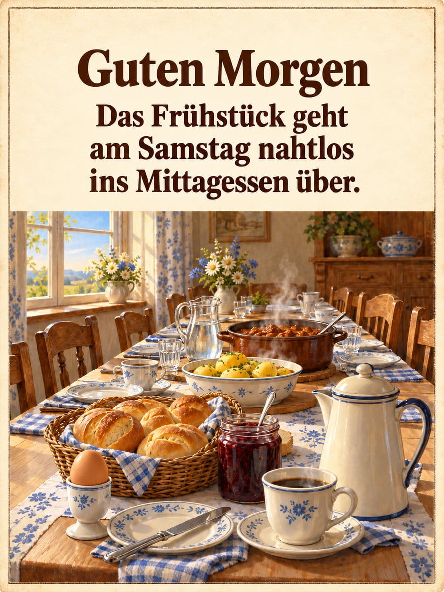 Guten-Morgen-Bild zum Samstag mit dem Text „Guten Morgen“ und „Das Frühstück geht am Samstag nahtlos ins Mittagessen über.“ – Motiv: Frühstück, Mittagessen, Kartoffeln, Samstag