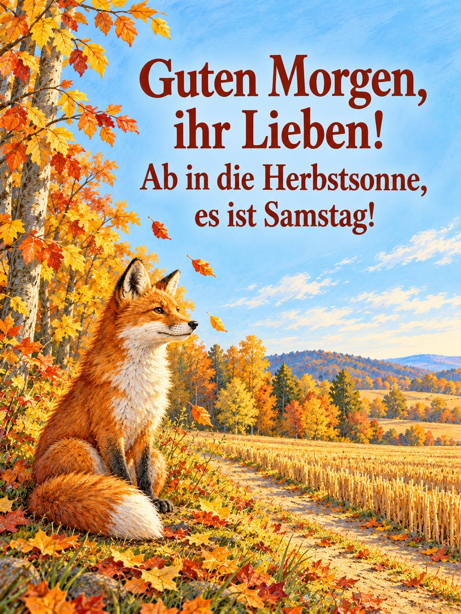 Guten-Morgen-Bild zum Samstag mit dem Text „Guten Morgen, ihr Lieben!“ und „Ab in die Herbstsonne, es ist Samstag!“ – Motiv: Fuchs, Buchenwald, Herbstsonne, Stoppelfeld, Herbstlaub