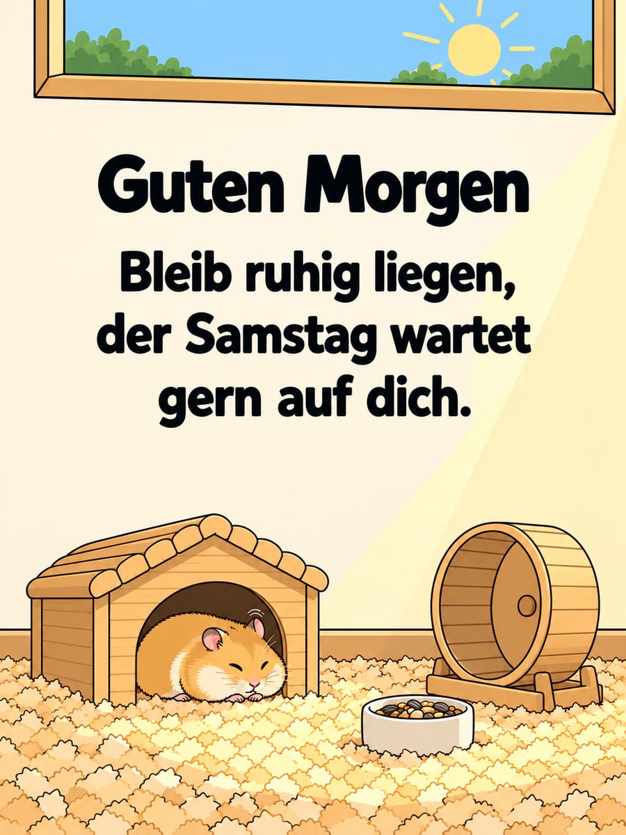Guten-Morgen-Bild zum Samstag mit dem Text „Guten Morgen“ und „Bleib ruhig liegen, der Samstag wartet gern auf dich.“ – Motiv: Goldhamster, Ausschlafen, Hamsterrad, Holzhaus