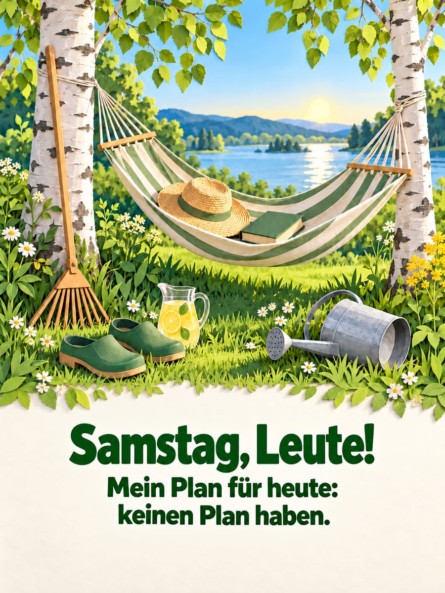 Guten-Morgen-Bild zum Samstag mit dem Text „Samstag, Leute!“ und „Mein Plan für heute: keinen Plan haben.“ – Motiv: Hängematte, Strohhut, Garten, Birken, Faulenzen