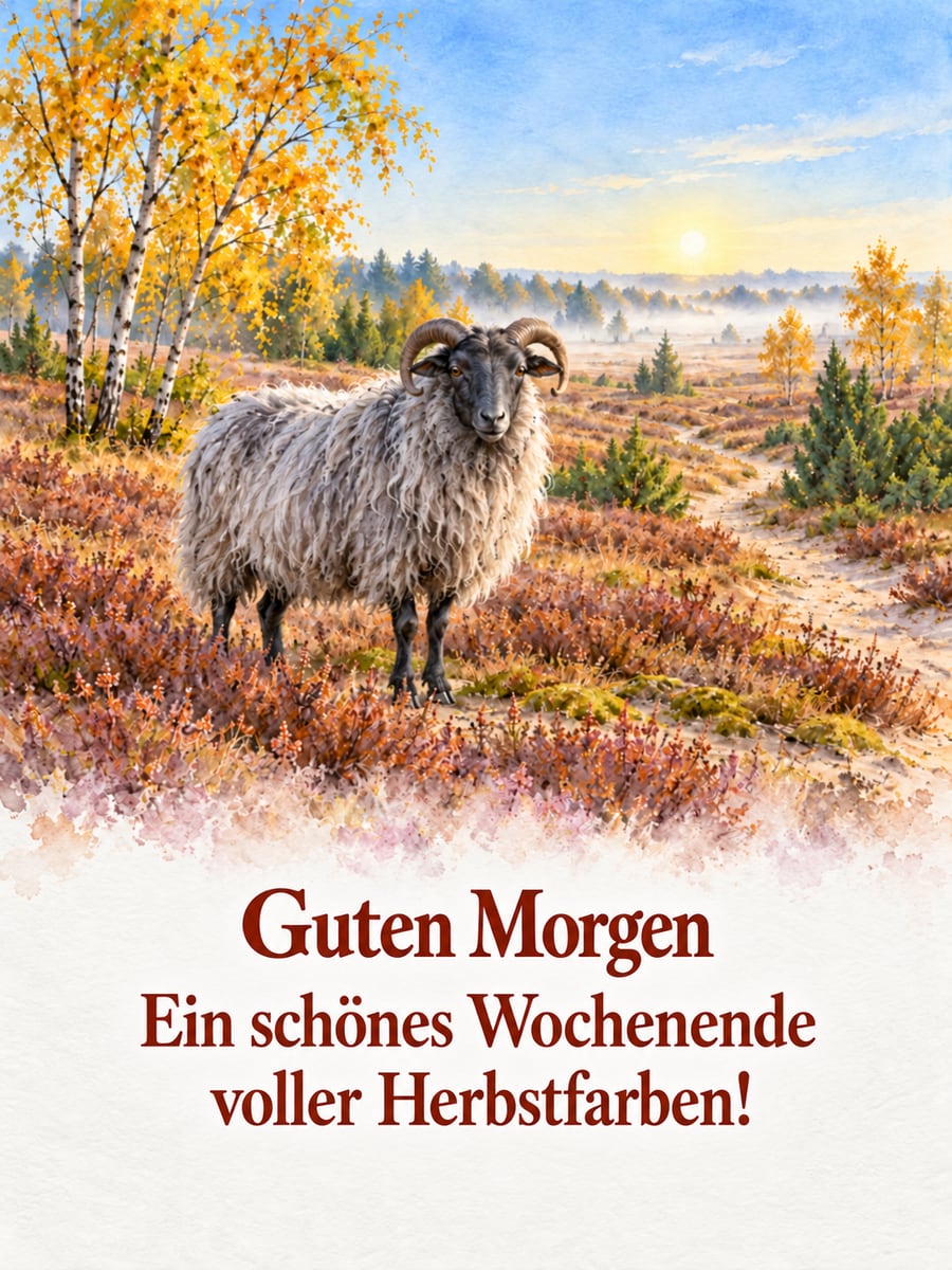 Guten-Morgen-Bild zum Samstag mit dem Text „Guten Morgen“ und „Ein schönes Wochenende voller Herbstfarben!“ – Motiv: Heidschnucke, Heide, Birken, Herbstfarben, Morgennebel