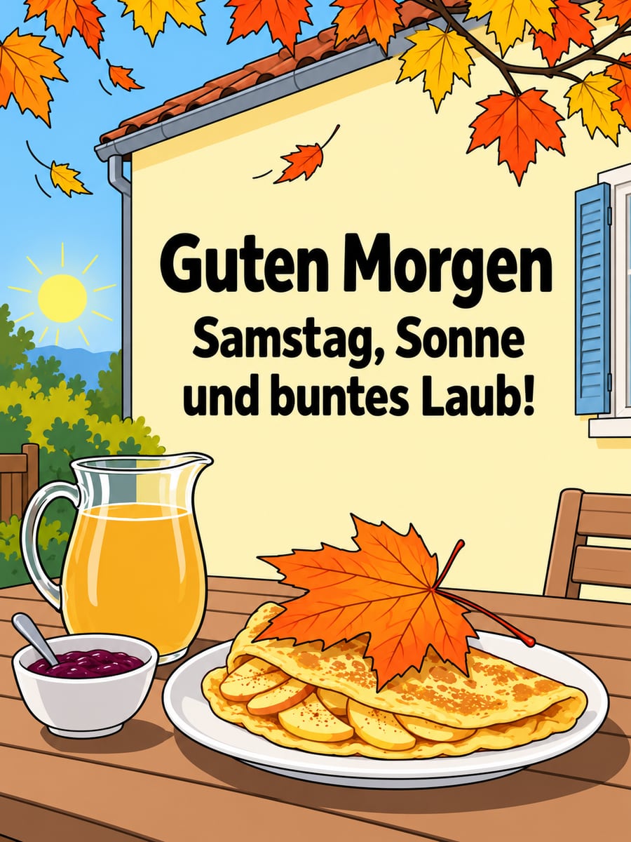 Guten-Morgen-Bild zum Samstag mit dem Text „Guten Morgen“ und „Samstag, Sonne und buntes Laub!“ – Motiv: Apfelpfannkuchen, Terrasse, Ahornblatt, Apfelsaft, Pflaumenmus