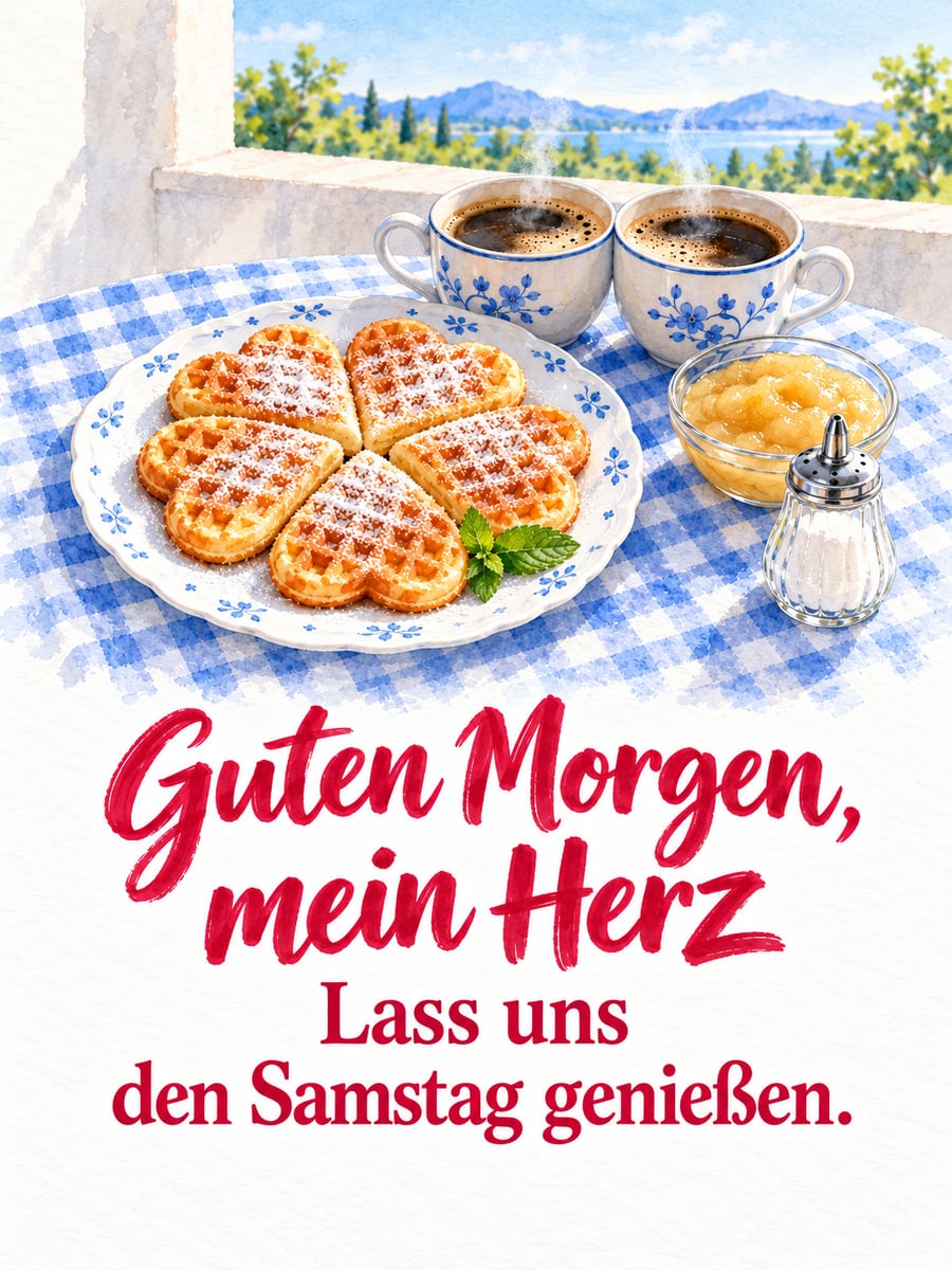 Guten-Morgen-Bild zum Samstag mit dem Text „Guten Morgen, mein Herz“ und „Lass uns den Samstag genießen.“ – Motiv: Herzwaffeln, Puderzucker, Apfelmus, Kaffee, Frühstück