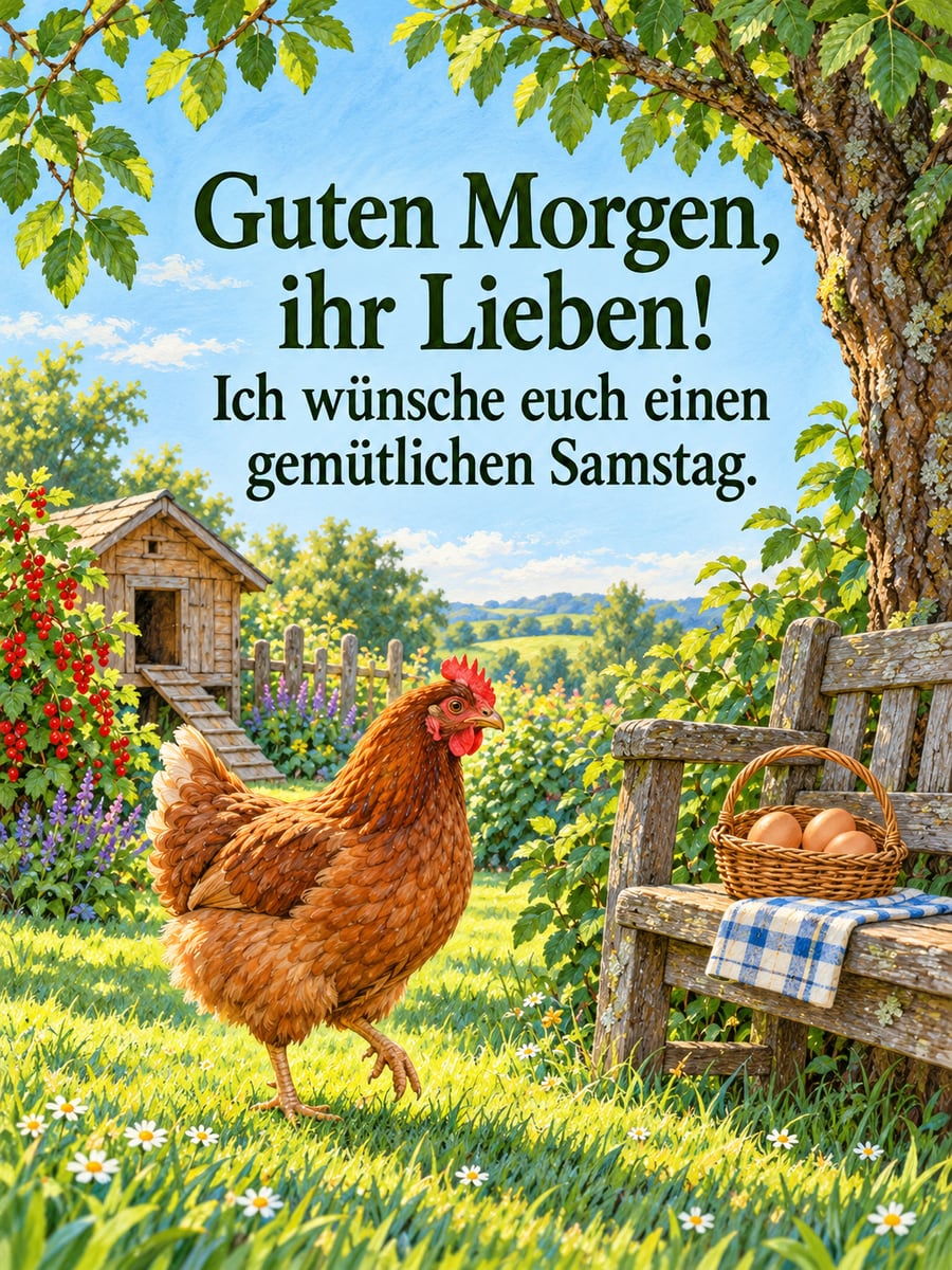 Guten-Morgen-Bild zum Samstag mit dem Text „Guten Morgen, ihr Lieben!“ und „Ich wünsche euch einen gemütlichen Samstag.“ – Motiv: Huhn, Apfelbaum, Gartenbank, Eier, Hühnerstall