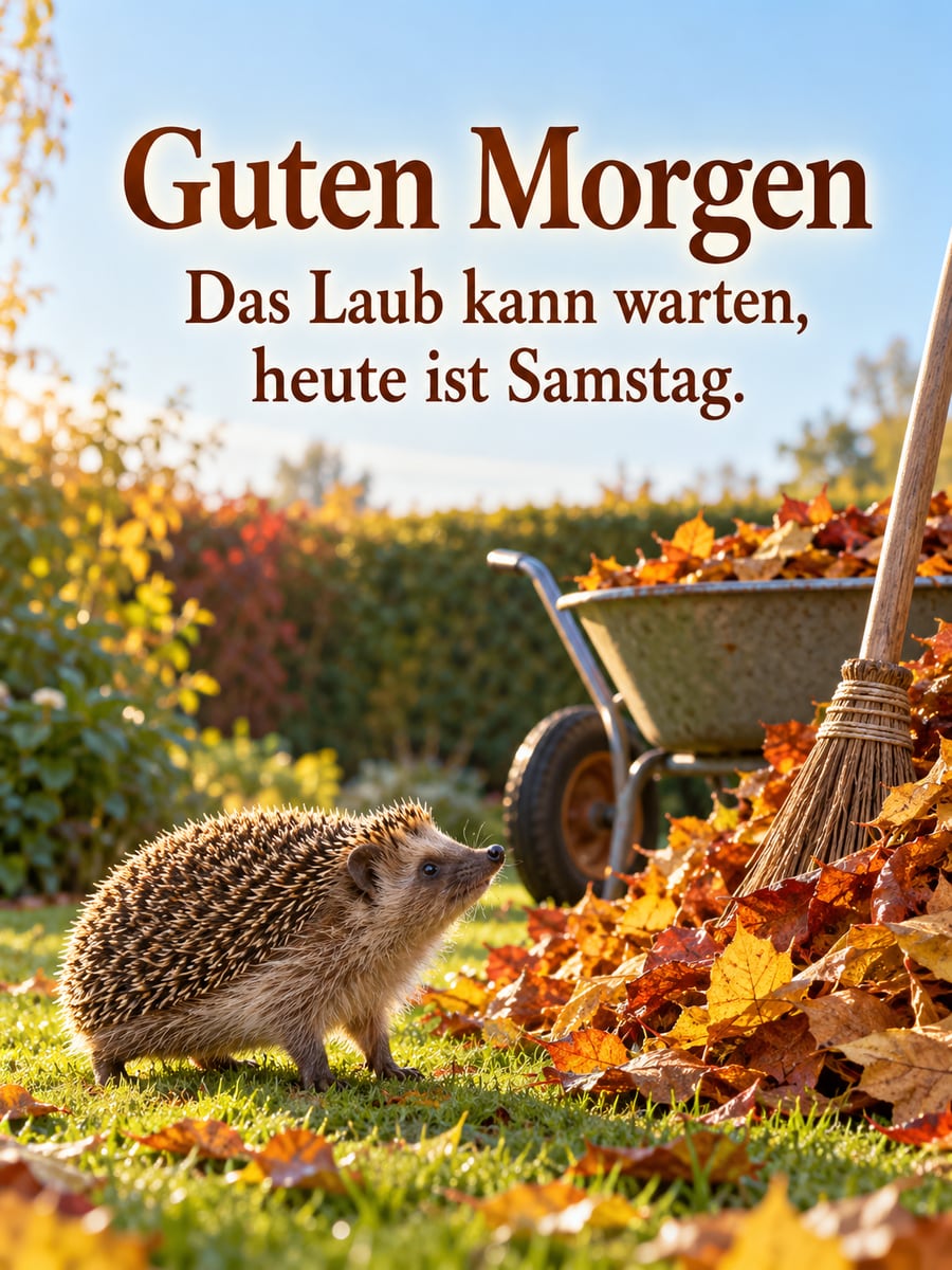 Guten-Morgen-Bild zum Samstag mit dem Text „Guten Morgen“ und „Das Laub kann warten, heute ist Samstag.“ – Motiv: Igel, Laubhaufen, Besen, Schubkarre, Herbstlaub