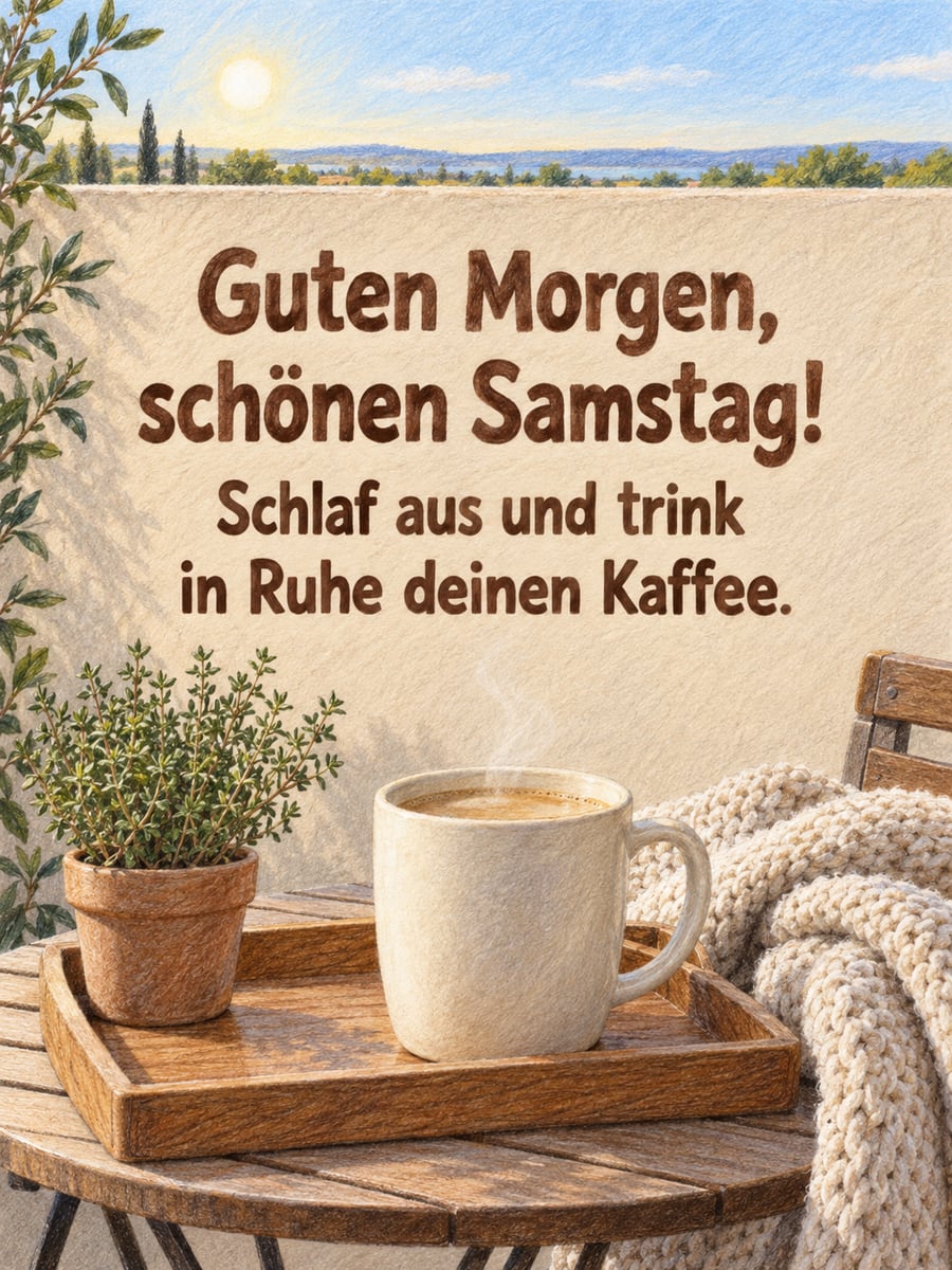 Guten-Morgen-Bild zum Samstag mit dem Text „Guten Morgen, schönen Samstag!“ und „Schlaf aus und trink in Ruhe deinen Kaffee.“ – Motiv: Kaffee, Becher, Balkon, Wolldecke, Thymian