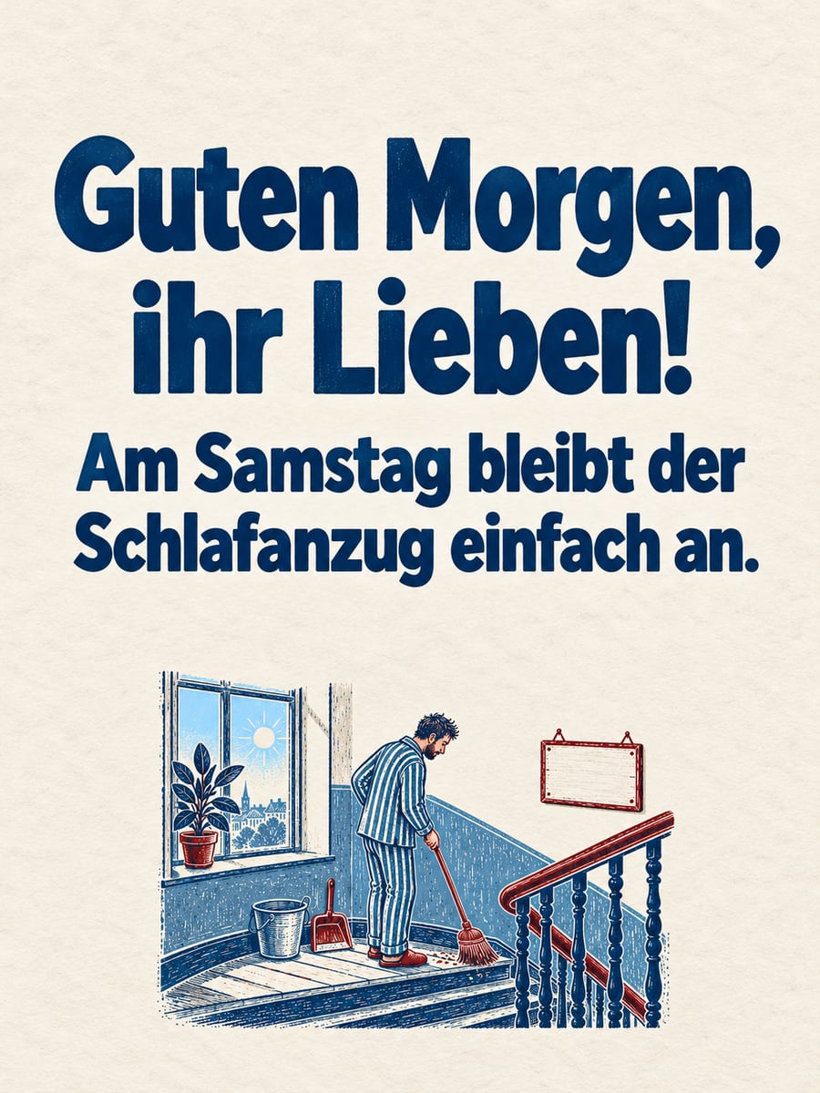 Guten-Morgen-Bild zum Samstag mit dem Text „Guten Morgen, ihr Lieben!“ und „Am Samstag bleibt der Schlafanzug einfach an.“ – Motiv: Kehrwoche, Treppenhaus, Besen, Schlafanzug, Hausschuhe