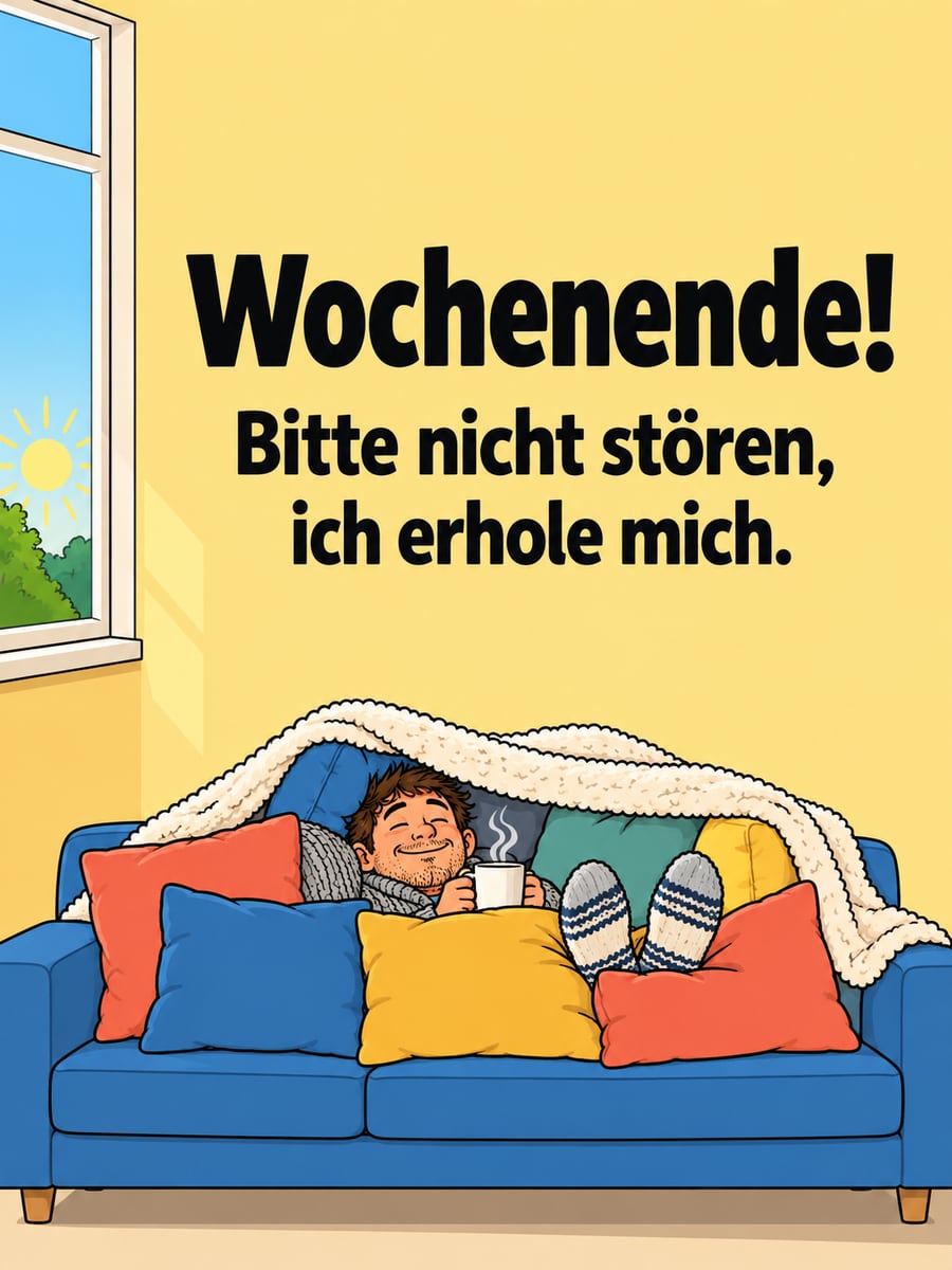 Guten-Morgen-Bild zum Samstag mit dem Text „Wochenende!“ und „Bitte nicht stören, ich erhole mich.“ – Motiv: Sofa, Kissenburg, Wochenende, Erholung