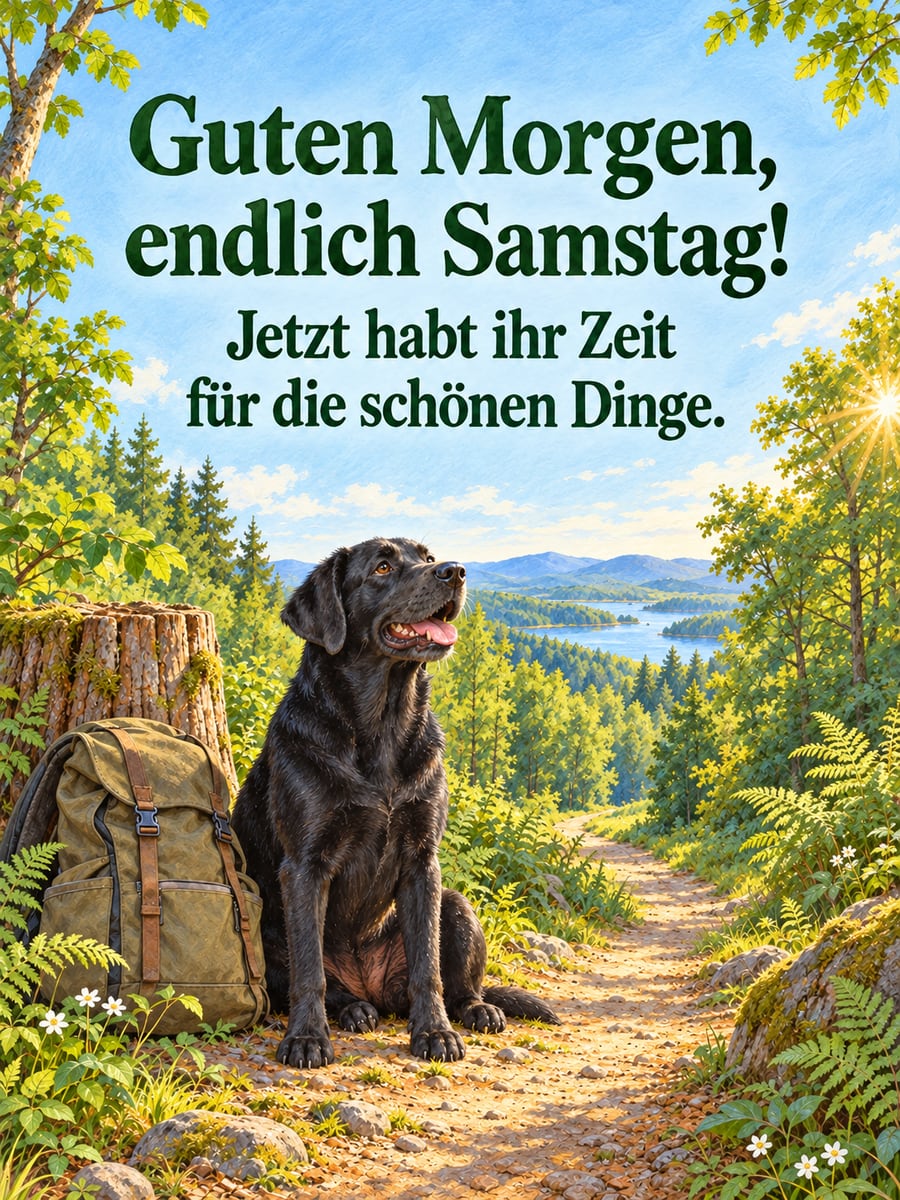 Guten-Morgen-Bild zum Samstag mit dem Text „Guten Morgen, endlich Samstag!“ und „Jetzt habt ihr Zeit für die schönen Dinge.“ – Motiv: Hund, Labrador, Rucksack, Wald, Ausflug