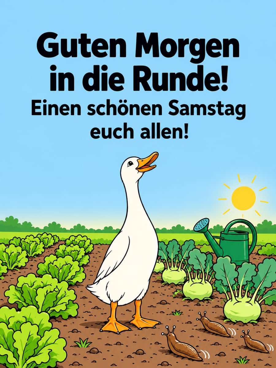 Guten-Morgen-Bild zum Samstag mit dem Text „Guten Morgen in die Runde!“ und „Einen schönen Samstag euch allen!“ – Motiv: Laufente, Gemüsebeet, Gießkanne, Salat, Garten