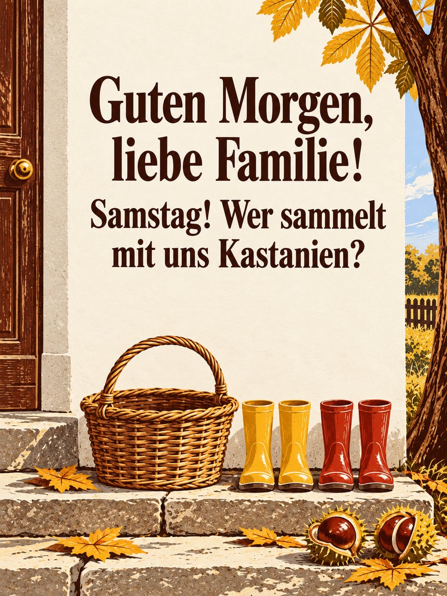Guten-Morgen-Bild zum Samstag mit dem Text „Guten Morgen, liebe Familie!“ und „Samstag! Wer sammelt mit uns Kastanien?“ – Motiv: Kastanien, Gummistiefel, Korb, Haustür, Familie