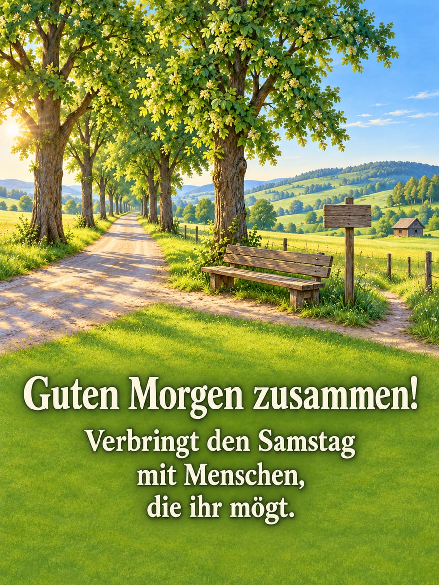 Guten-Morgen-Bild zum Samstag mit dem Text „Guten Morgen zusammen!“ und „Verbringt den Samstag mit Menschen, die ihr mögt.“ – Motiv: Lindenallee, Feldweg, Bank, Wiesen, Spaziergang