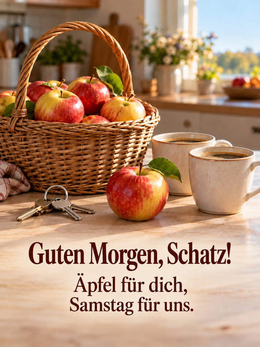 Guten-Morgen-Bild zum Samstag mit dem Text „Guten Morgen, Schatz!“ und „Äpfel für dich, Samstag für uns.“ – Motiv: Äpfel, Wochenmarkt, Schlüssel, Kaffee, Herbst