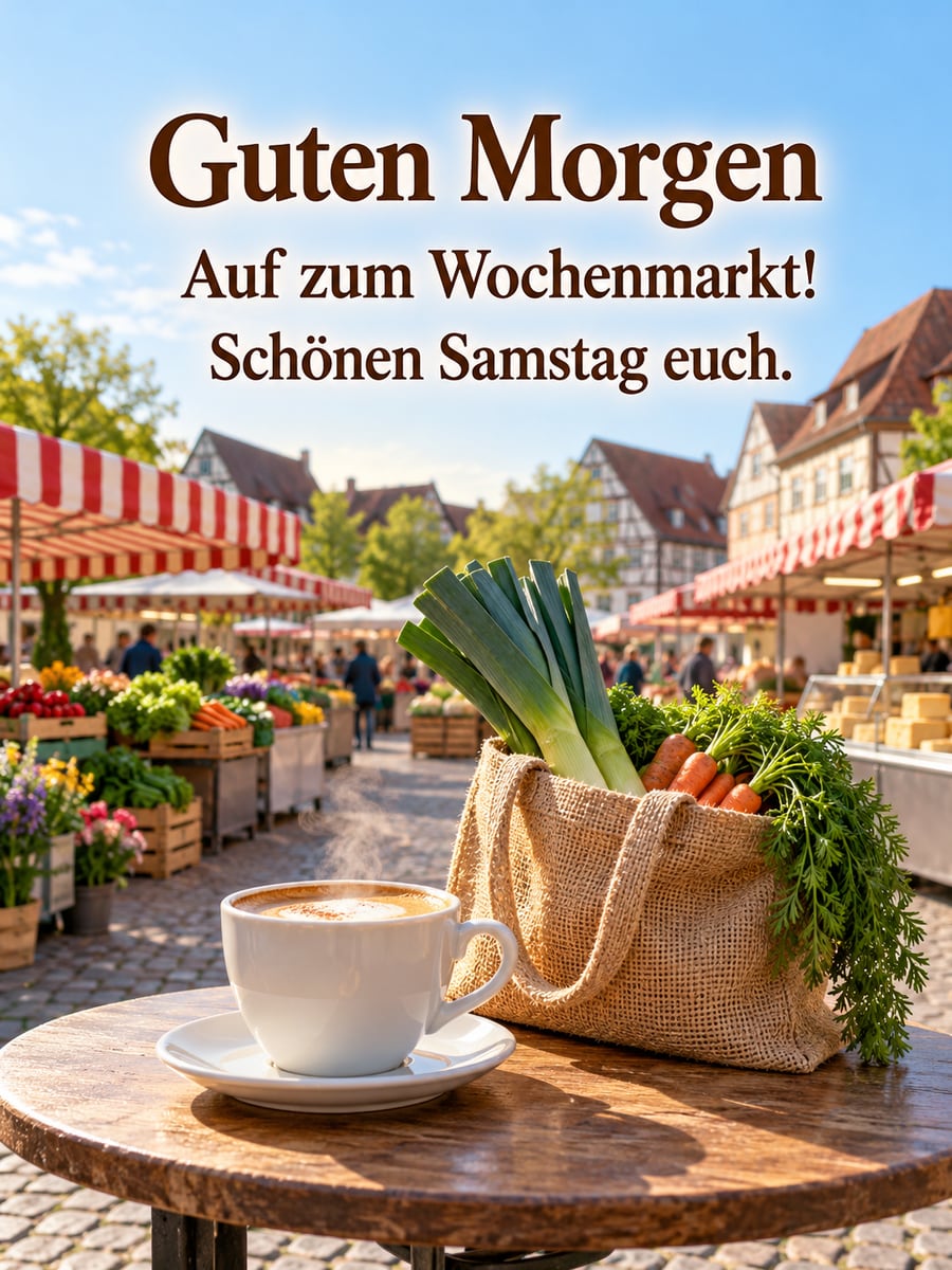 Guten-Morgen-Bild zum Samstag mit dem Text „Guten Morgen“ und „Auf zum Wochenmarkt! Schönen Samstag euch.“ – Motiv: Wochenmarkt, Kaffee, Marktstände, Lauch, Kopfsteinpflaster
