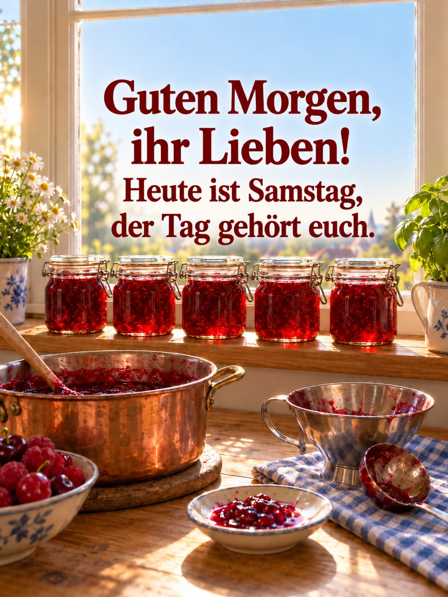 Guten-Morgen-Bild zum Samstag mit dem Text „Guten Morgen, ihr Lieben!“ und „Heute ist Samstag, der Tag gehört euch.“ – Motiv: Marmelade, Einkochen, Bügelgläser, Kupfertopf, Küche