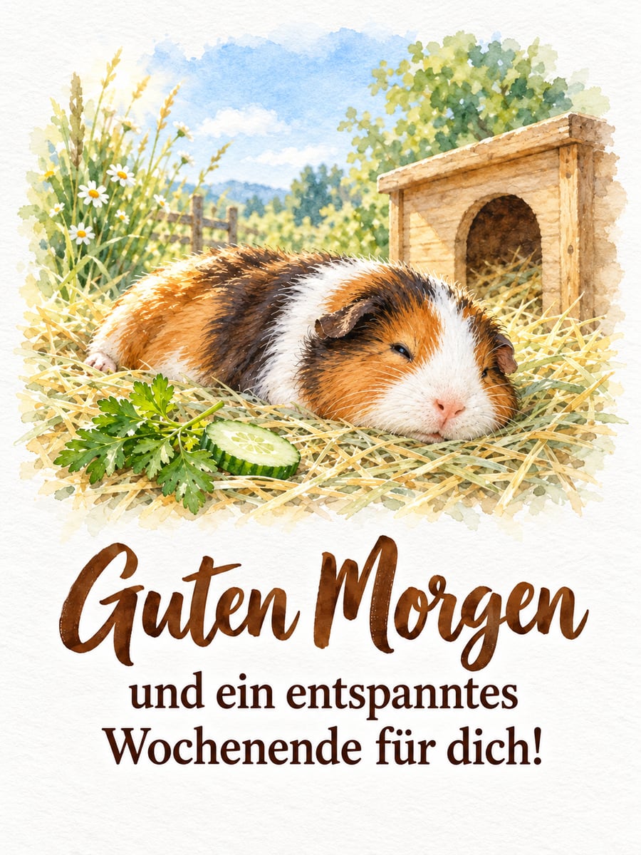 Guten-Morgen-Bild zum Samstag mit dem Text „Guten Morgen und ein entspanntes Wochenende für dich!“ – Motiv: Meerschweinchen, Heu, Sonnenfleck, Entspannung