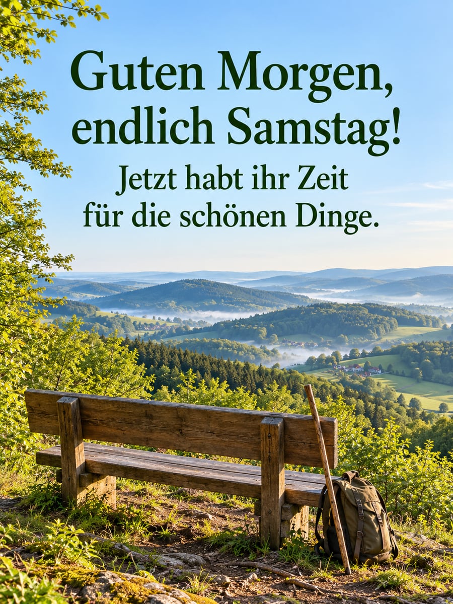 Guten-Morgen-Bild zum Samstag mit dem Text „Guten Morgen, endlich Samstag!“ und „Jetzt habt ihr Zeit für die schönen Dinge.“ – Motiv: Wandern, Aussicht, Mittelgebirge, Bank, Morgennebel