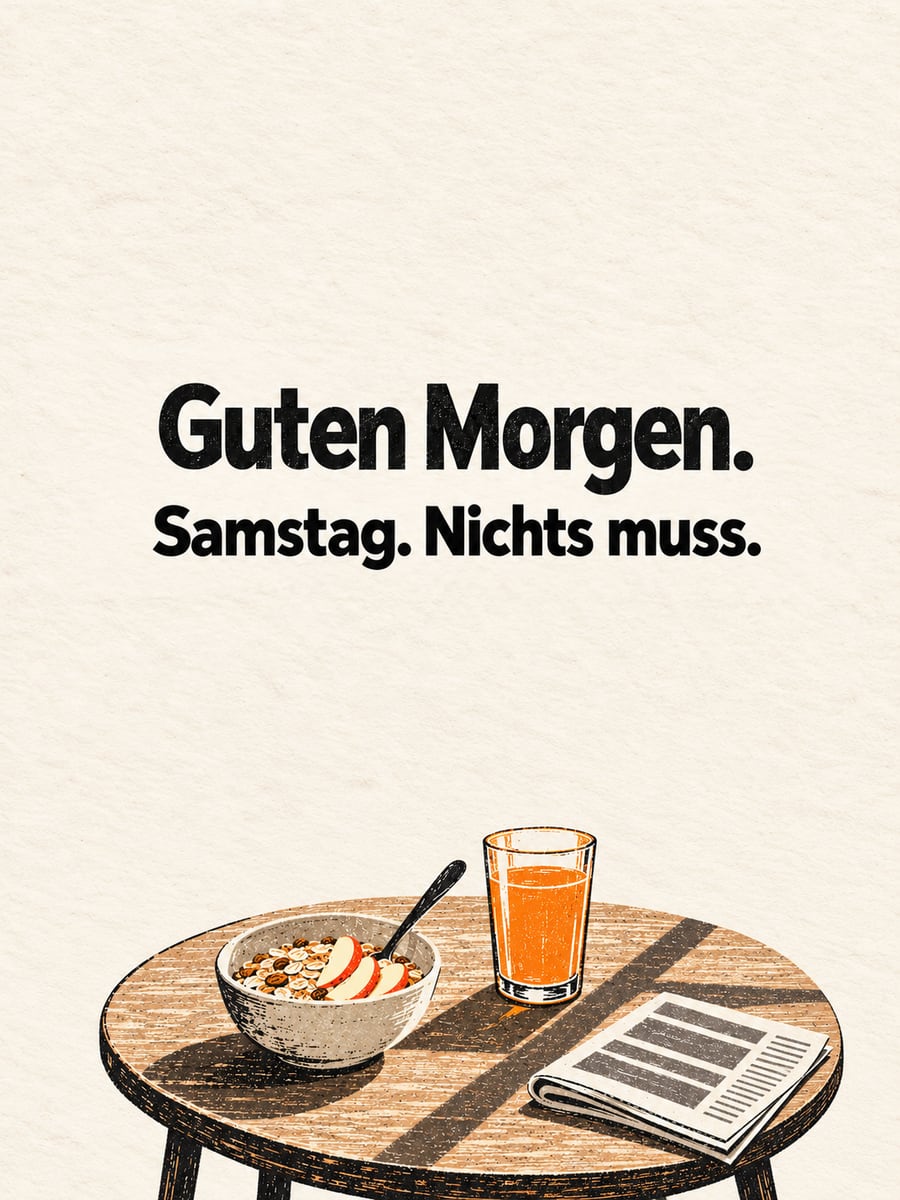 Guten-Morgen-Bild zum Samstag mit dem Text „Guten Morgen.“ und „Samstag. Nichts muss.“ – Motiv: Müsli, Orangensaft, Zeitung, Linolschnitt, Frühstück